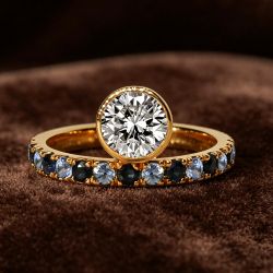 Golden Bezel Round Cut White & Blue & Aquamarine Sapphire Engagement Ring