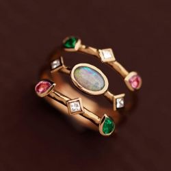 Triple Row Oval & Pear Cut Opal & Pink & Emerald Sapphire Engagement Ring 