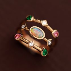 Triple Row Oval & Pear Cut Opal & Pink & Emerald Sapphire Engagement Ring 