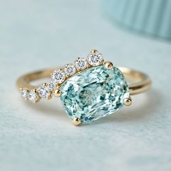 Golden Cushion & Round Cut Aquamarine & White Sapphire Engagement Ring