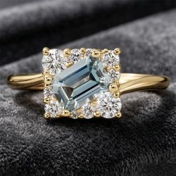 Halo Emerald & Round Cut Aquamarine & White Sapphire Engagement Ring