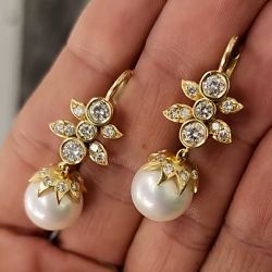 Golden Round Cut Pearl & White Sapphire Drop Earrings