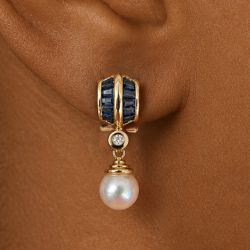 Golden Round & Baguette Cut Pearl & Blue Sapphire Drop Earrings