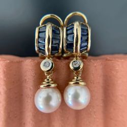 Golden Round & Baguette Cut Pearl & Blue Sapphire Drop Earrings