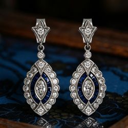 Double Halo Marquise & Baguette & Round Cut Blue & White Sapphire Drop Earrings