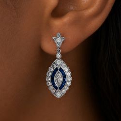 Double Halo Marquise & Baguette & Round Cut Blue & White Sapphire Drop Earrings
