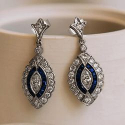 Double Halo Marquise & Baguette & Round Cut Blue & White Sapphire Drop Earrings