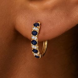 Golden Twist Oval & Round Cut Blue & White Sapphire Hoop Earrings