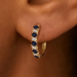 Golden Twist Oval & Round Cut Blue & White Sapphire Hoop Earrings
