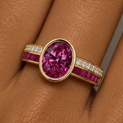 Golden Bezel Oval & Round & Princess Cut Ruby & White Sapphire Engagement Ring