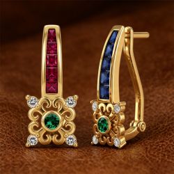 Golden Round & Baguette Cut Ruby & Blue & Emerald Sapphire Drop Earrings