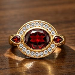 Halo Oval & Pear & Round Cut Garnet & White Sapphire Engagement Ring