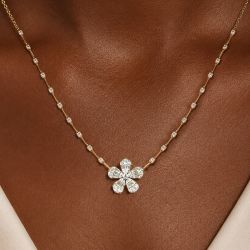Golden Flower Round & Baguette Cut White Sapphire Pendant Necklace