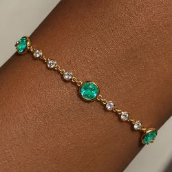 Golden Bezel Round Cut Emerald & White Sapphire Tennis Bracelet