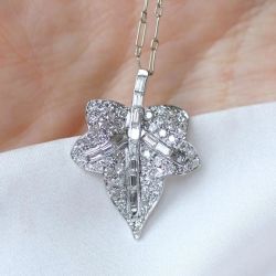 Maple Leaf Baguette & Round Cut White Sapphire Pendant Necklace