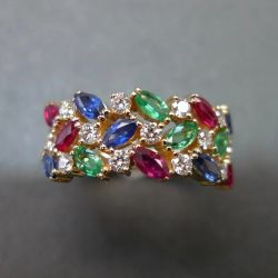 Golden Marquise & Round Cut Blue & Ruby & Emerald Sapphire Half Eternity Wedding Band