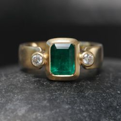 Three Stone Bezel Emerald & Round Cut Emerald & White Sapphire Engagement Ring