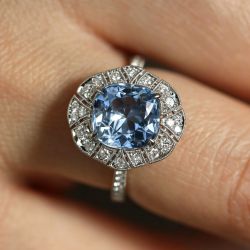 Halo Cushion & Round Cut Blue & White Sapphire Engagement Ring