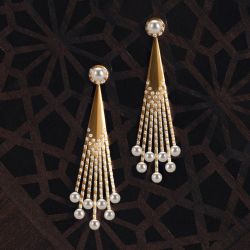Golden Tassel Round Cut Pearl & White Sapphire Drop Earrings