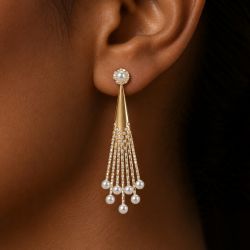 Golden Tassel Round Cut Pearl & White Sapphire Drop Earrings