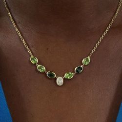 Bezel Oval & Round Cut Peridot & White Sapphire Pendant Necklace