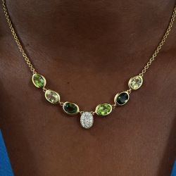 Bezel Oval & Round Cut Peridot & White Sapphire Pendant Necklace