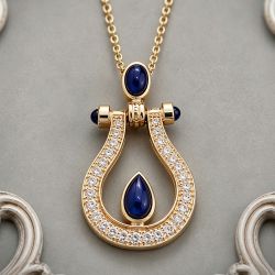 Golden Cabochon Pear & Oval & Round Cut Blue & White Sapphire Pendant Necklace