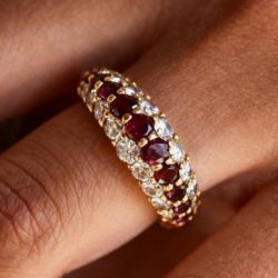 Golden Triple Row Round Cut Ruby & White Sapphire Half Eternity Wedding Band