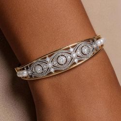 Two Tone Round Cut White & Pearl Sapphire Bangle Bracelet