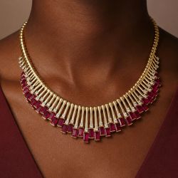Golden Fringe Baguette & Round Cut Ruby & White Sapphire Pendant Necklace
