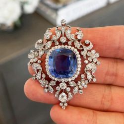 Halo Cushion & Oval & Round Cut Blue & White Sapphire Brooch Pin
