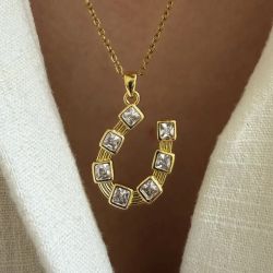 Golden Horseshoe Princess Cut White Sapphire Pendant Necklace