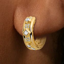 Golden Bezel Princess & Round Cut White Sapphire Hoop Earrings