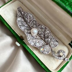 Leaf Design Round Cut Pearl & White Sapphire Brooch Pin
