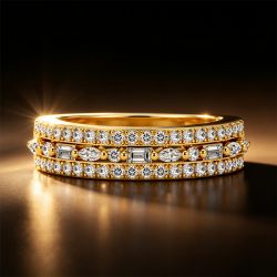 Triple Row Baguette & Round & Marquise Cut White Sapphire Half Eternity Wedding Band Ring