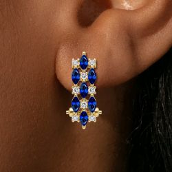 Golden Marquise & Round Cut Blue & White Sapphire Hoop Earrings