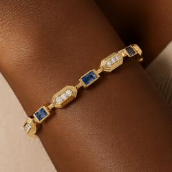 Golden Alternating Baguette & Round Cut Blue & White Sapphire Tennis Bracelet
