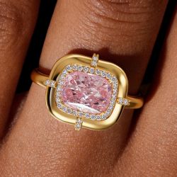 Golden Halo Cushion & Round Cut Pink & White Sapphire Engagement Ring
