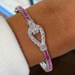 Buckle Design Round & Emerald & Baguette Cut White & Pink Sapphire Bangle Bracelet