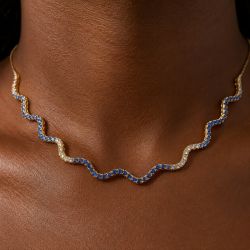 Golden Wave Design Round Cut Blue & White Sapphire Tennis Necklace