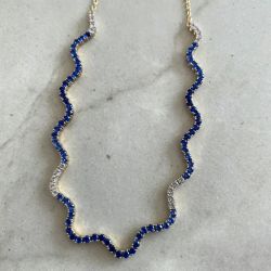 Golden Wave Design Round Cut Blue & White Sapphire Tennis Necklace