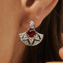 Art Deco Round Cabochon Cut Ruby & White Sapphire Stud Earrings 