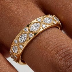 Golden Milgrain Marquise & Round Cut White Sapphire Half Eternity Wedding Band