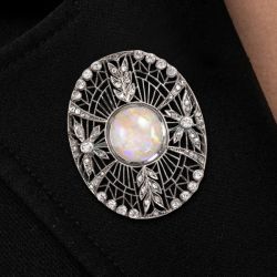 Openwork Round Cut Opal & White Sapphire Brooch Pin