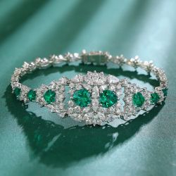 Halo Heart & Pear & Marquise Cut Emerald & White Sapphire Tennis Bracelet