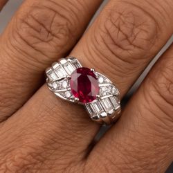 Cushion & Round & Baguette Cut Ruby & White Sapphire Engagement Ring