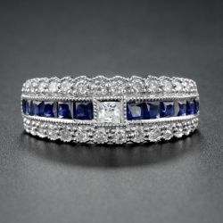 Triple Row Princess & Round Cut White & Blue Sapphire Half Eternity Wedding Band Ring