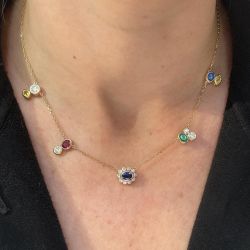 Golden Halo Oval & Round Cut Blue & Emerald & Ruby Sapphire Pendant Necklace
