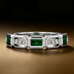 Baguette & Round Cut Emerald & White Sapphire Half Eternity Wedding Band Ring