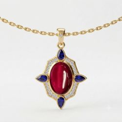 Golden Halo Cabochon Oval & Pear & Round Cut Ruby & Blue Sapphire Pendant Necklace
